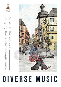 吉他宣传单配有不同音乐的海报模板 在街头概念 水彩色风格上传播各种音乐雷鬼帽子传单吉他广告玩家艺术家音乐家低音街道设计图片