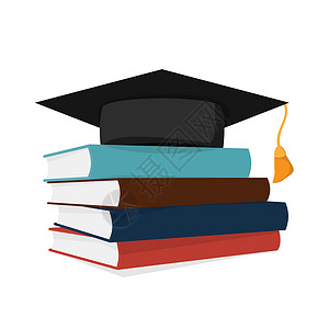 六顶思考帽一堆彩色书籍 一叠满顶有平方毕业帽子的书智慧学习学生庆典图书馆教育成就学校阅读文学设计图片