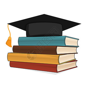 六顶思考帽一堆彩色书籍 一叠满顶有平方毕业帽子的书学校砂浆学习文学教育仪式流苏庆典阅读木板设计图片