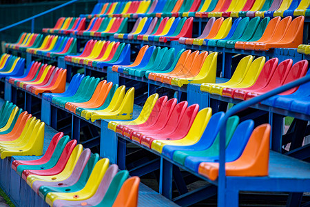 体育场讲台上各排空空的彩色椅子 为公众提供多姿多彩的地方观众高清图片素材