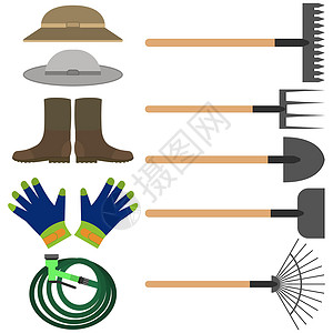 农业项目计划书各种园艺和农具 包括手套 水龙头 蟑螂和铲子 矢量插图插画