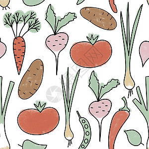 蔬菜无缝背景手绘有机健康蔬菜 胡萝卜土豆番茄韭菜萝卜茄子花椰菜的无缝图案插图 以柔和的柔和色彩销售天然食品蔬菜饮食背景
