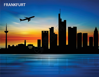 欧洲城市全景日落时法兰克福市的轮光插画
