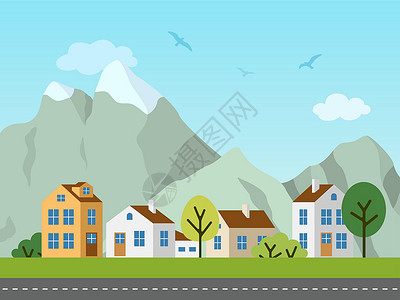 村庄和城市城市病媒景观 小屋和山岳天空作品小伙子财产蓝色全景交通街道爬坡房子插画