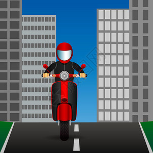 中部省会城市在城市中部的一条沥青路上骑摩托 矢量图像车辆办公室海报运输摩托车帽子头盔控制板插图波峰插画