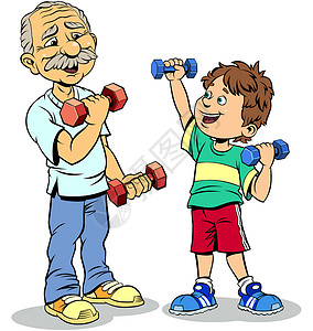 卡通哑铃祖父和孙子的训练背景