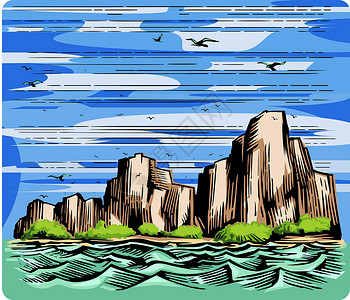 游鱼海景风景画海岸岩石和海鸥景观插画