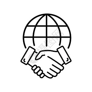 童趣图标设计线条图标样式业务协议 与全球握手以签订交易合同 国际合作伙伴关系 全球业务团队合作 简单的轮廓矢量插图 白色背景上的设计设计图片