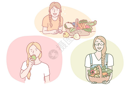 吃棉花糖的女孩健康食品 清洁饮食 素食概念水果女孩午餐蔬菜卡通片健康减肥营养重量女性设计图片