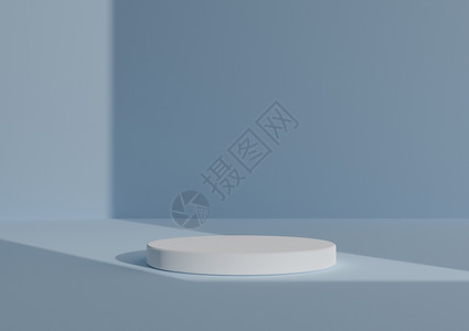 简单 最小的 3D 渲染组合与一个白色圆柱讲台或站在抽象阴影柔和的蓝色背景上 用于来自右侧的产品展示窗口灯背景图片