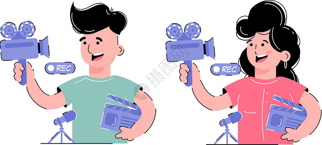 拿着相机女生博客集 一个女孩和一个男孩手里拿着摄像机和场记板 用于设计演示文稿 应用程序和网站的元素 趋势图设计图片