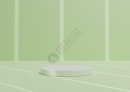简单 最小的 3D 渲染组合与一个白色圆柱讲台或站在抽象条纹阴影灯上 柔和的绿色背景用于产品展示背景图片
