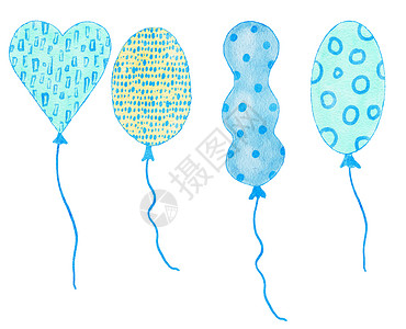气球插图水彩手画出蓝色黄色可爱气球的插图 男孩婴儿淋浴设计用于请柬问候晚会 幼稚园剪辑是儿童们最起码的现代面粉印刷品剪贴簿墙纸彩虹男生玩背景