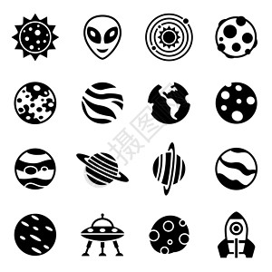 黑色空间背景矢量空间图标集收藏宇航员宇宙太阳星星插图旗帜望远镜雷达太空人插画