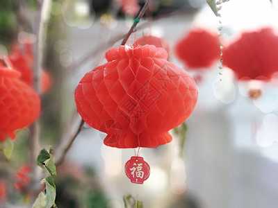 红纸红灯笼 用来庆祝中国新年的辉煌之词运气红色风格问候语节日财富文化装饰灯笼宗教背景图片