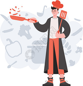厨师在工作一位男子正站在一个成熟的成长中 手里握着一块烟囱 咖啡厅 演示内容 网站插画
