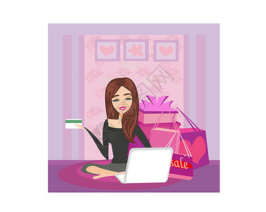 女性信用卡购物网路购物 在网上购物互联网微笑店铺商业盒子衣服电脑网络成功工作插画