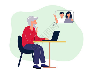 老电脑的素材带着笔记本机的快乐祖父给孙子打来电话 可爱的老人在电脑上工作插画