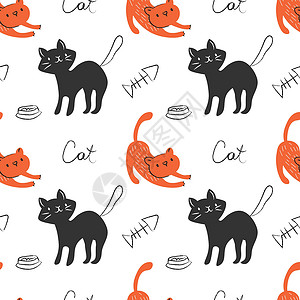 白底素材猫无缝模式 有滑稽猫 猫食和白底鱼 矢量插图 EPS插画