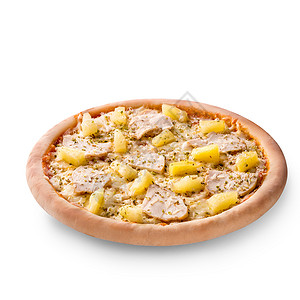 美味的意大利意大利比萨饼 有菠萝和鸡肉片 白背景孤立午餐面团小吃鱼片香菜脆皮蔬菜菜单面包火腿背景图片