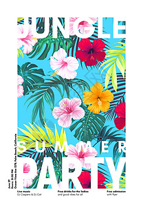 带有热带植物和树皮花的明亮哈瓦伊设计青年海滩棕榈打印雨林丛林派对木槿卡片绿色背景图片
