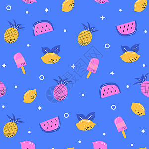 柠檬味冰淇淋壁纸 包装和纺织品的多色夏季水果结果无缝模式菠萝艺术浆果奶油季节墙纸柠檬插图绘画海滩背景