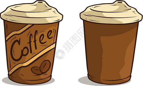 扁圆有盖杯子用盖有矢量图标的卡通咖啡杯插画