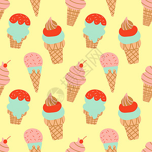 冰淇淋甜筒 华夫饼无缝图案黄色背景上的创意矢量 用于织物 纺织品库存图 EPS背景图片