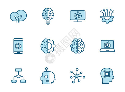 网页ui图标人工智能线填充矢量图标在白色背景上隔离的两种颜色 人工智能蓝色图标集 用于网页设计 ui 移动应用程序 印刷印刷术和促销业务科学插画