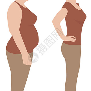腹部肥胖前前后 超重的女人和瘦腰的女人 平的 矢量的插画