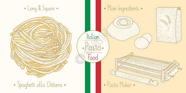 手工面团烹调意大利食物意粉 成份和设备插画
