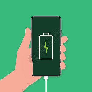 金属手机发射充电电池智能手机 - 矢量信息 在绿色背景中隔离插画
