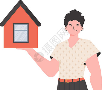 这名男子被描绘成腰深 手里拿着一所房子 卖房子的概念 孤立 矢量图设计图片