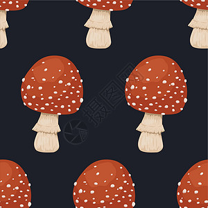 毒蘑菇矢量无缝模式与有毒的不可食用的蘑菇 手绘卡通红蝇蘑菇在黑色背景上 毒蝇伞 飞木耳蘑菇无缝纹理插画