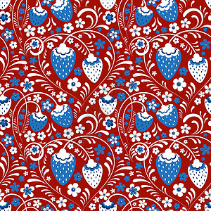 白色场地俄罗斯民俗风格的草莓田装饰品红色民间包装纸浆果模式白色叶子场地重复插画