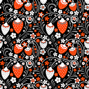 白色场地俄罗斯民俗风格的草莓田衬套场地装饰品模式墙纸民间白色包装纸浆果重复插画