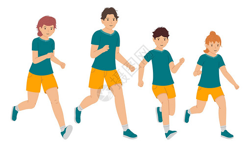 青少年马拉松快乐的跑家家庭 父亲 母亲 儿子和女儿一起运行白种背景孤立的矢量插图插画