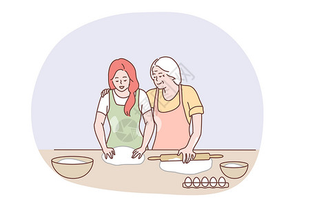 厨房乐趣快乐家庭一起做饭的概念童年面粉孙子乐趣孩子女士食物祖母厨房帮助插画