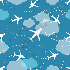 航程蓝色天空中飞行轨迹的飞机 云彩无缝 潮流微小的风格设计图片