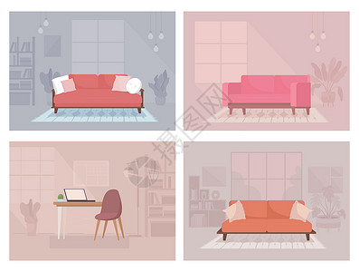 成套家具当代家居装饰平板彩色矢量插图集插画