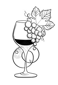 餐具上的葡萄与玻璃的葡萄酒 写意画 白色背景上的线条艺术 复古雕刻风格的黑白图片 矢量插图设计图片