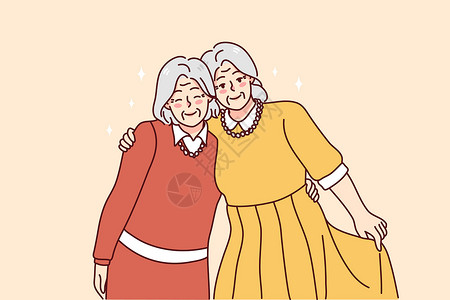 拜访老年朋友快乐的老年妇女朋友抱抱插画