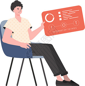 坐在椅子的人一个人坐在椅子上 用分析器和指标在他的手中举行面板 IoT概念 孤立的 平式矢量插图设计图片