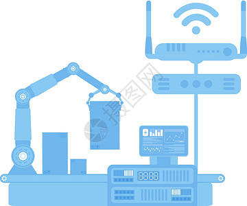 带机械臂的自动输送线 物联网和自动化的概念 孤立 向量创新机械工具包装全球化劳动者技术劳动工人加工设计图片