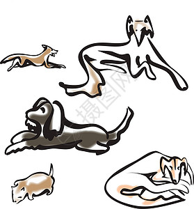 银狐犬手绘躺着的狗集 白色背景上的矢量草图黑色孤立动物宠物插图设计图片