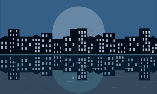 对月饮酒夜晚城市风景 月月的愚笨和对水的反光插画