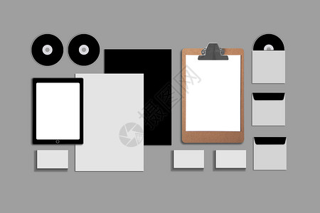 百搭名片空白公司 ID 设置在灰色背景上 包括名片 文件夹 平板电脑 信封 a4 信笺 笔记本 闪光灯 铅笔 cd 盘和智能手机办公室笔背景