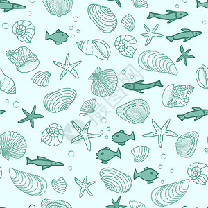 无缝模式 有鱼图标 贝壳 蓝底海星池塘水族馆海星插图卡通片气候涂鸦手绘海洋墙纸背景图片