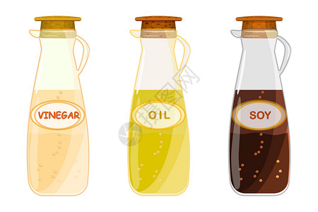 油焖大虾调味料在白色背景上隔离的 一套醋 油和豆类瓶子插画