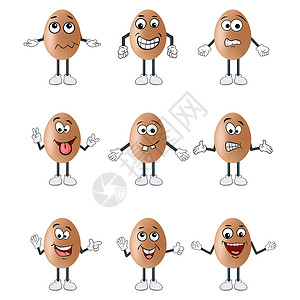 歌声与微笑与白色隔离的不同面部表达式的可爱卡通鸡蛋设计图片